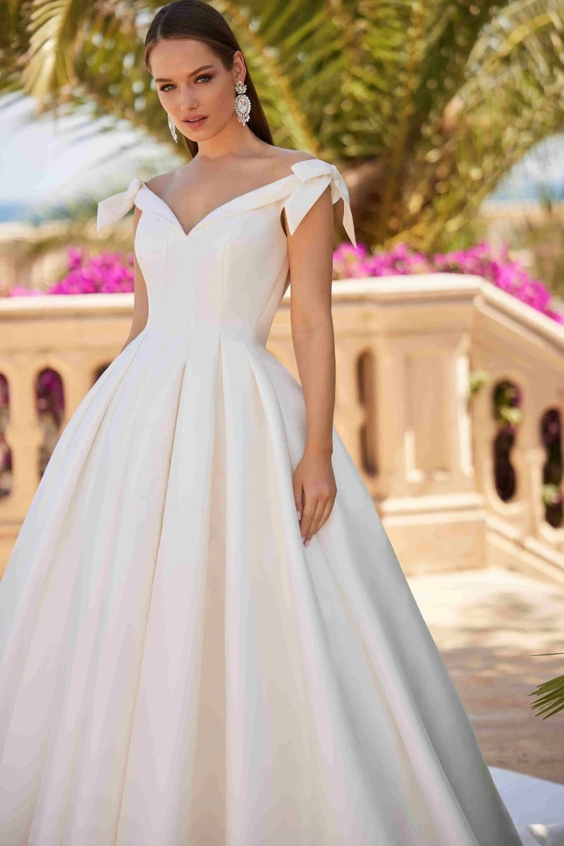 Princess Wedding Dress in Mikado and Tulle with Off-Shoulder Bow