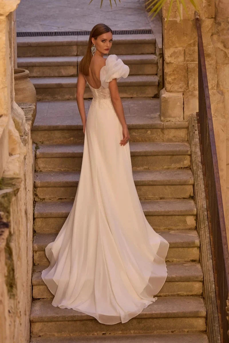 Asymmetrical Tulle and Chiffon Wedding Dress with Beaded Details