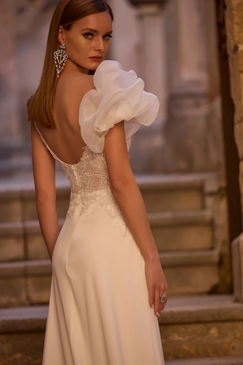 Asymmetrical Tulle and Chiffon Wedding Dress with Beaded Details