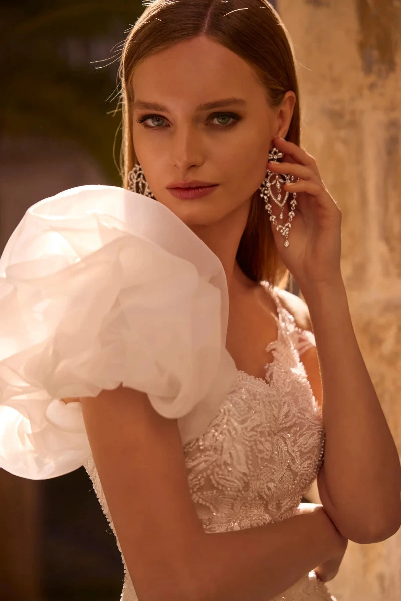 Asymmetrical Tulle and Chiffon Wedding Dress with Beaded Details