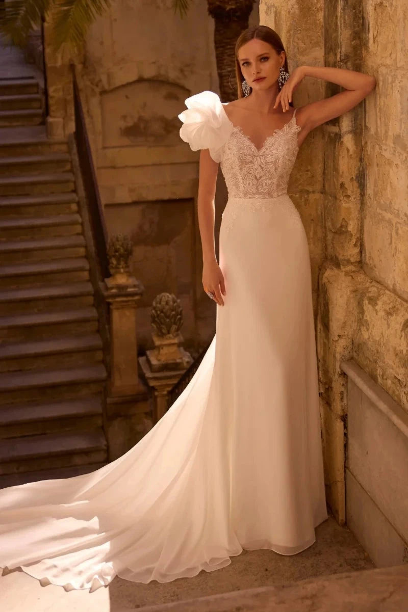 Asymmetrical Tulle and Chiffon Wedding Dress with Beaded Details