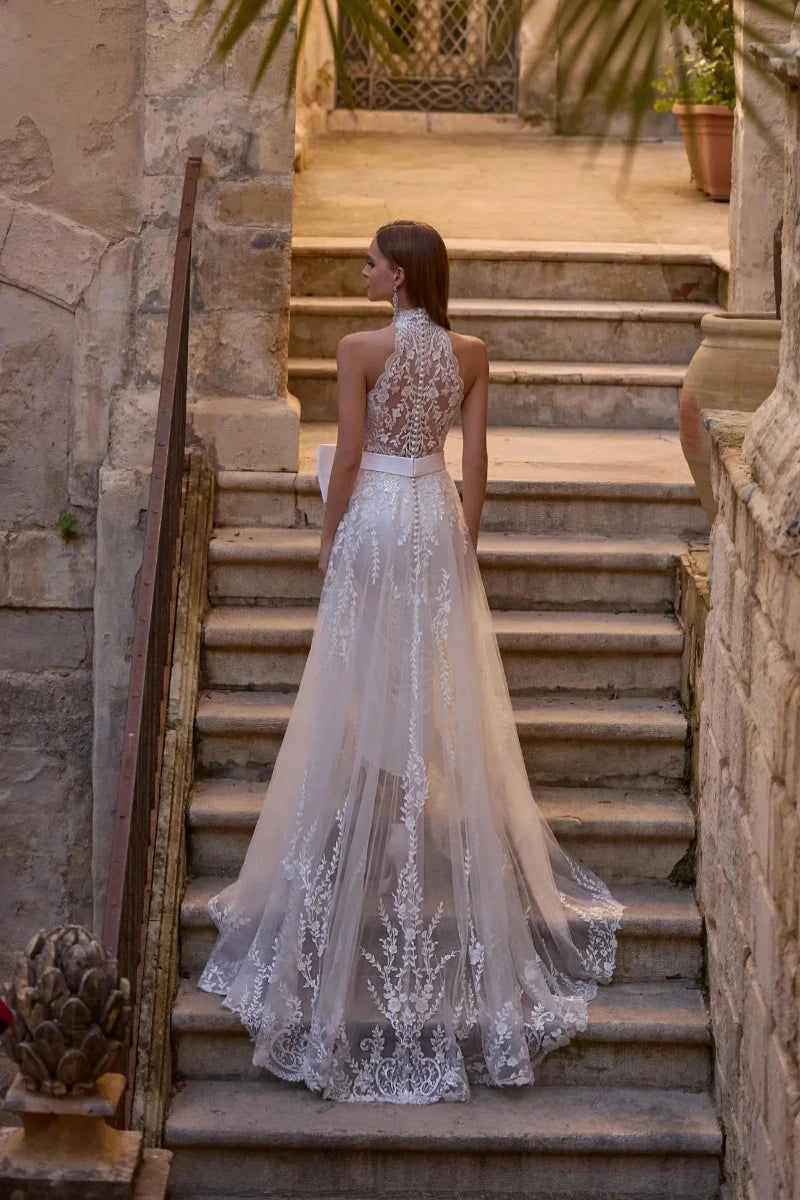 Mermaid Lace and Jersey Wedding Dress with Halter Neckline