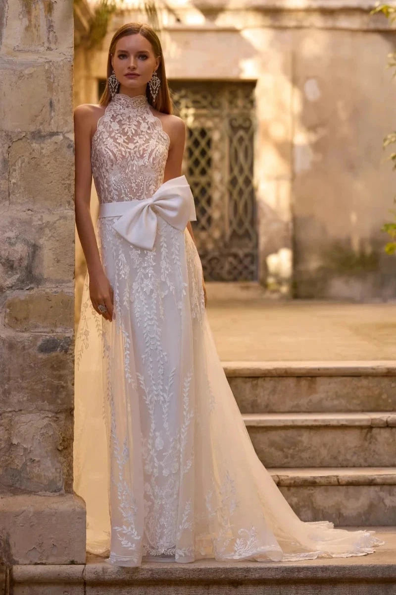 Mermaid Lace and Jersey Wedding Dress with Halter Neckline