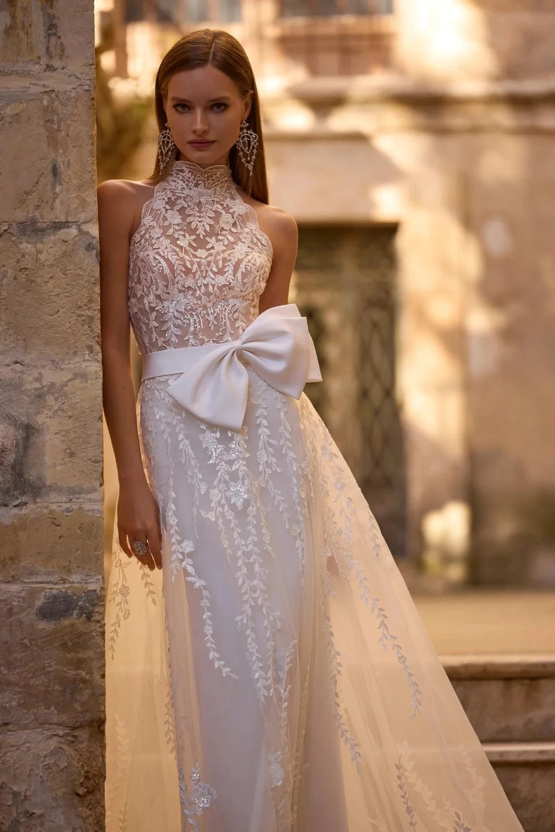 Mermaid Lace and Jersey Wedding Dress with Halter Neckline