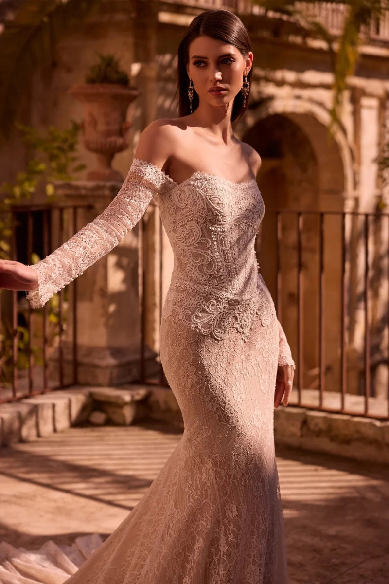 chinese dress ladies Detachable Off Shoulder Sleeve Sparkly Mermaid Wedding Dress main image 0