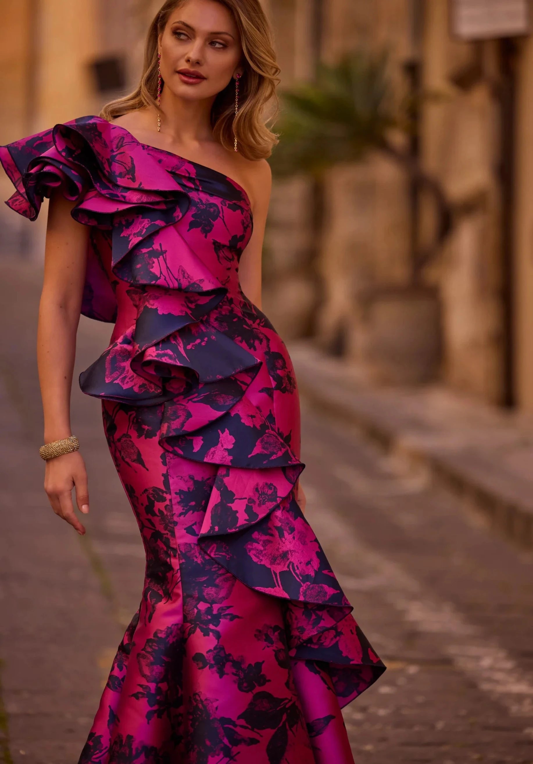 Long Mikado Evening Dress with Ruffle Details