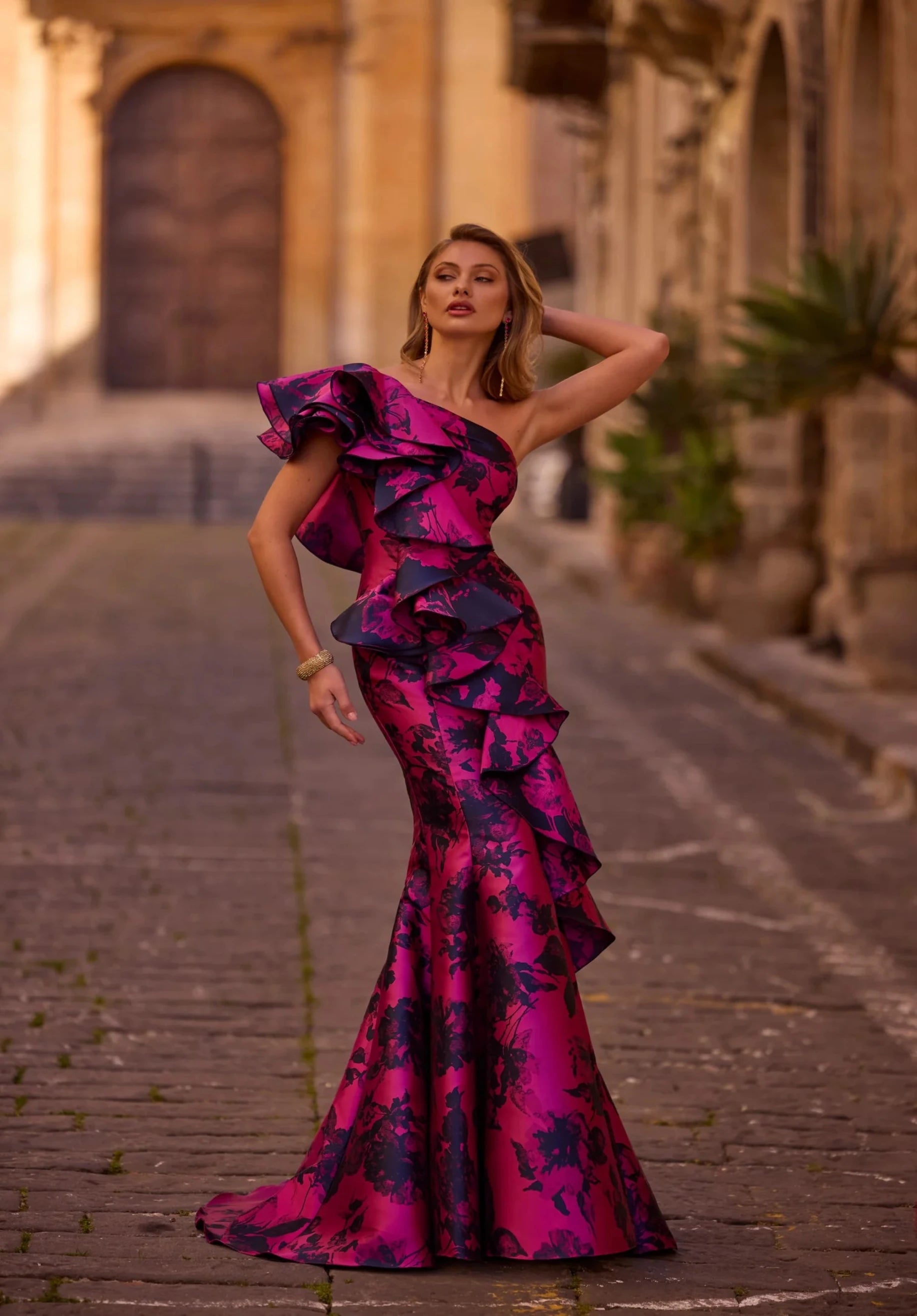 Long Mikado Evening Dress with Ruffle Details