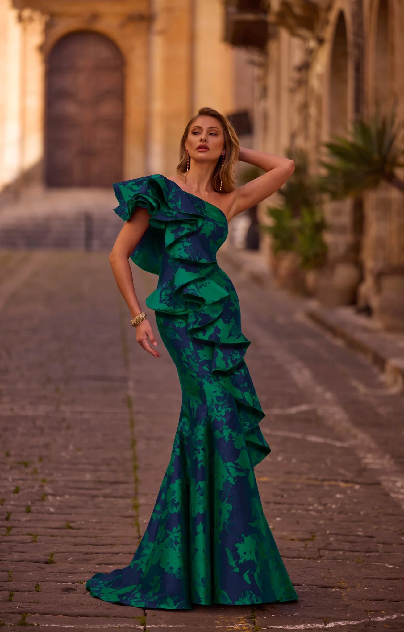 Long Mikado Evening Dress with Ruffle Details