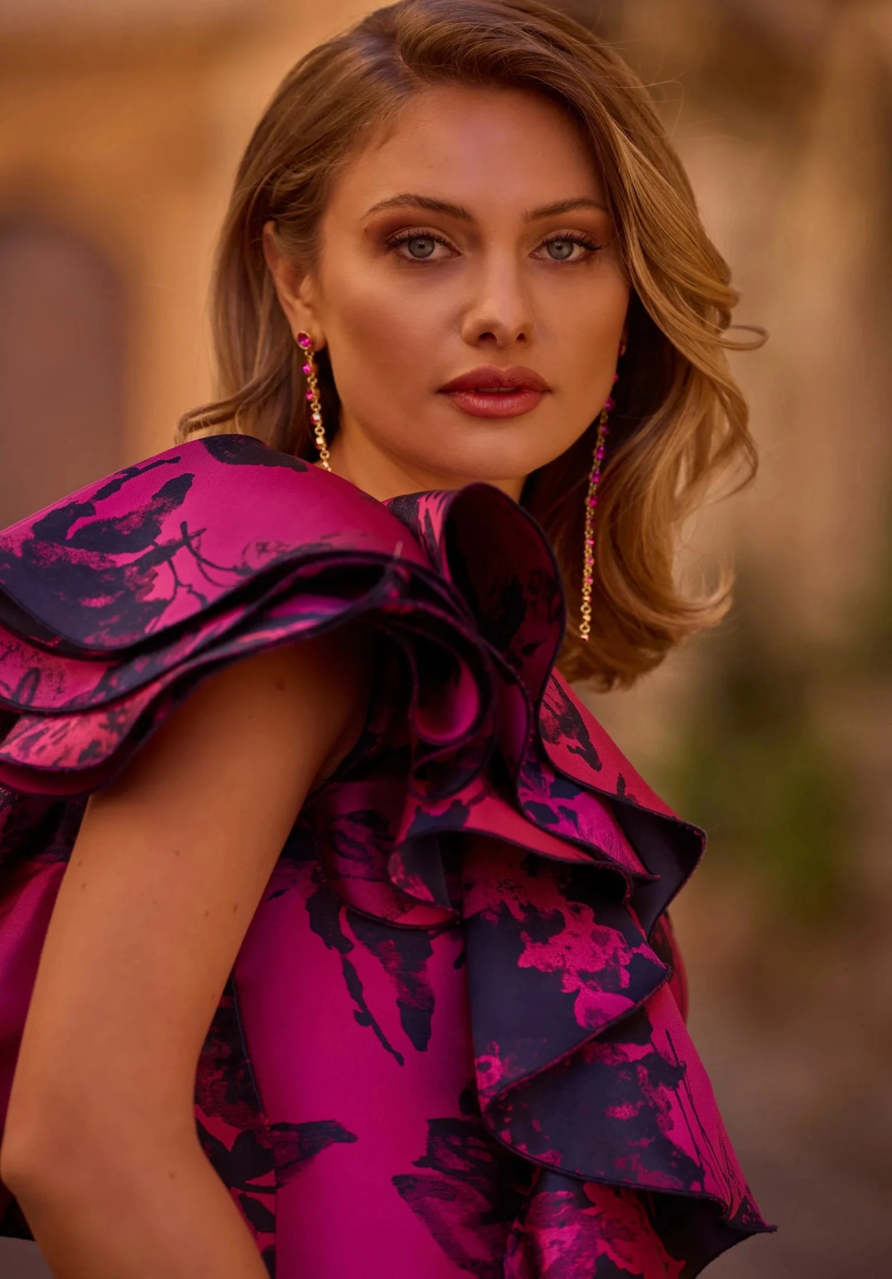 Long Mikado Evening Dress with Ruffle Details