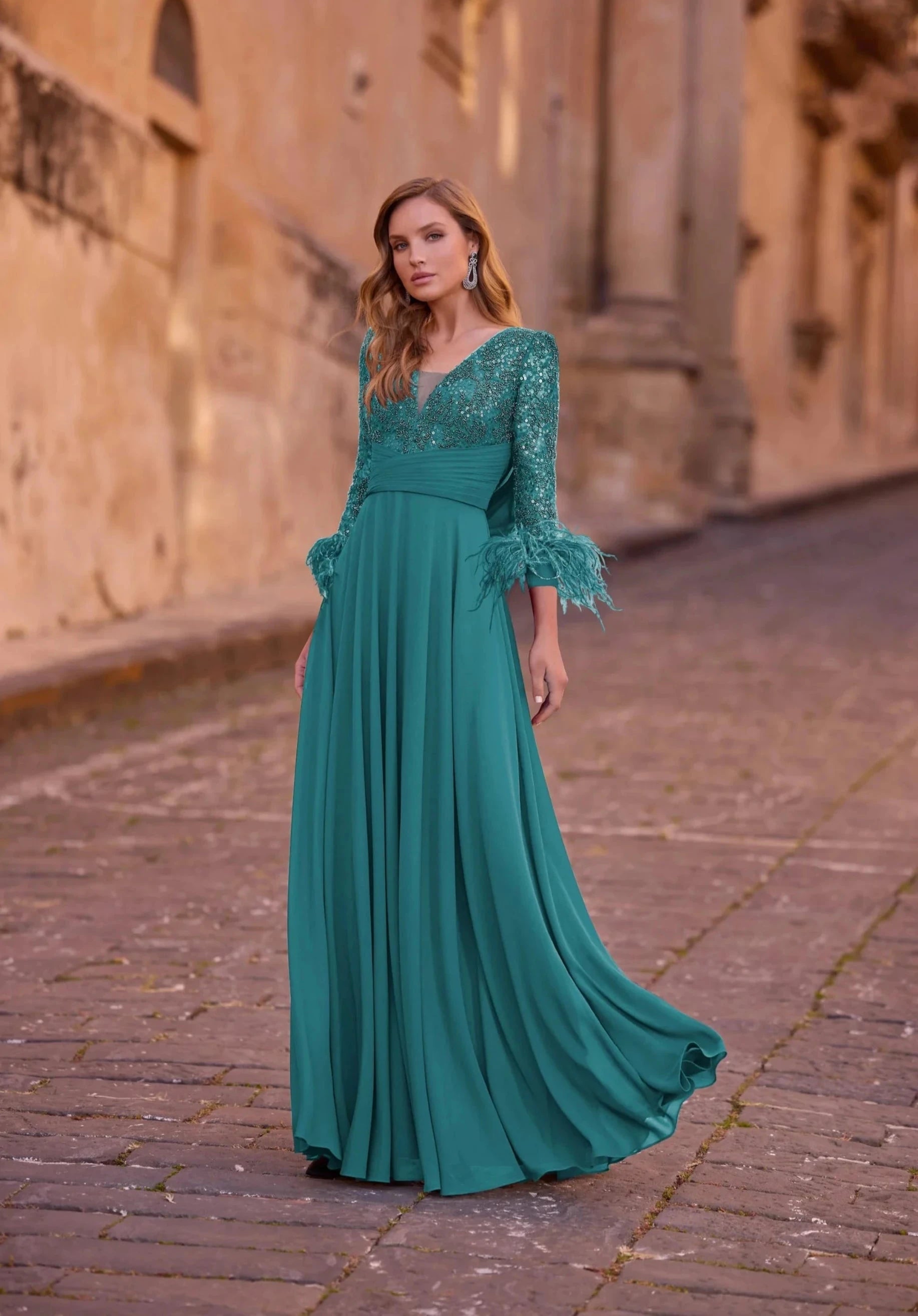 Elegant Chiffon and Mesh Dress with Puff Sleeves and Feather and Beaded Details