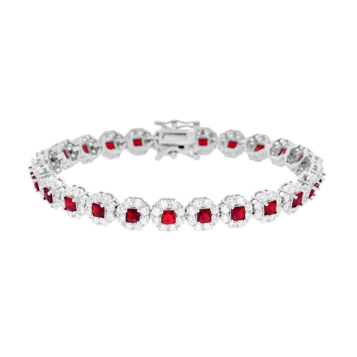 Bracciale Tennis 18cm Rosso Rubino Carre contornati da Zirconi Bianchi - Argento 925