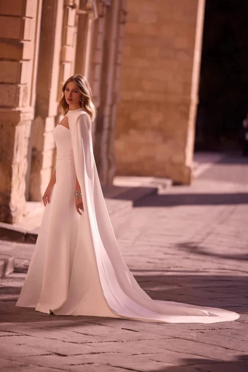 Crepe Mermaid Wedding Dress with Structured Bodice and Jeweled Belt