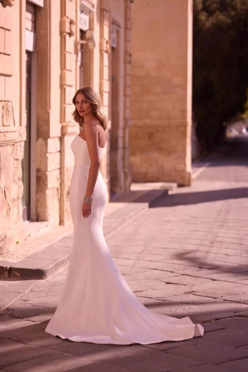 Crepe Mermaid Wedding Dress with Structured Bodice and Jeweled Belt