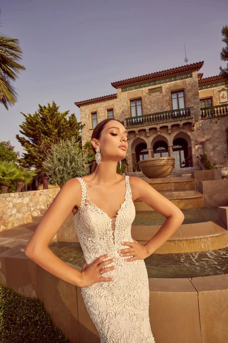 Bohemian Chic: A Lace Wedding Dress with a Deep V-Neckline