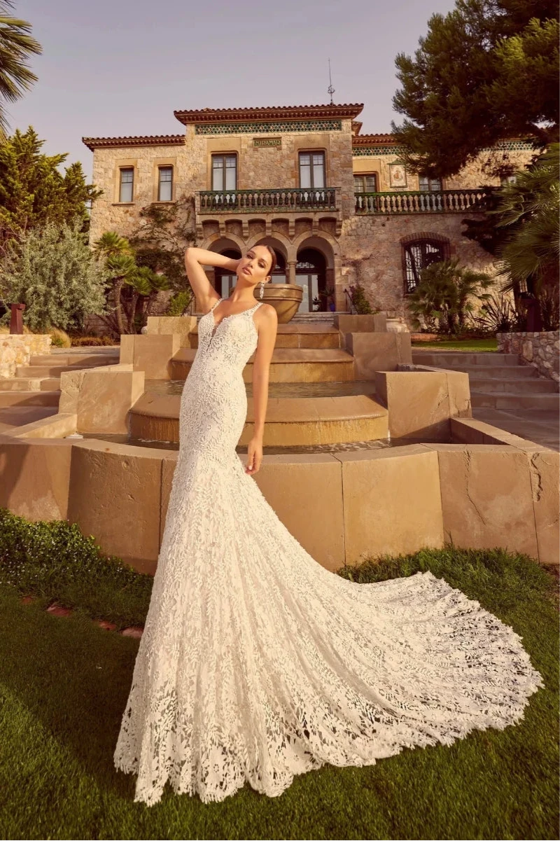 Bohemian Chic: A Lace Wedding Dress with a Deep V-Neckline