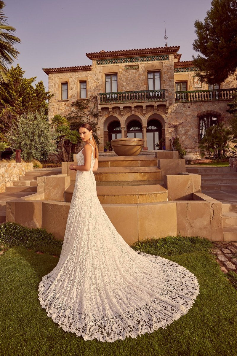 Bohemian Chic: A Lace Wedding Dress with a Deep V-Neckline