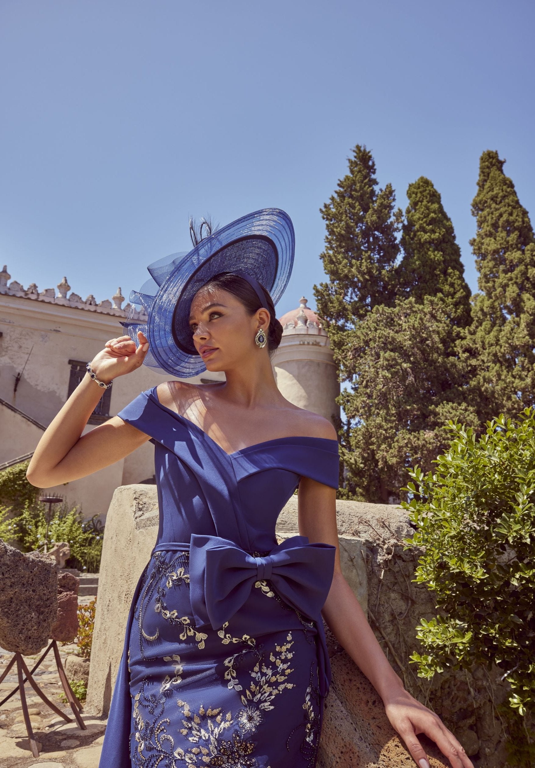 Long Evening Dress in Crepe and Lace with Floral Details