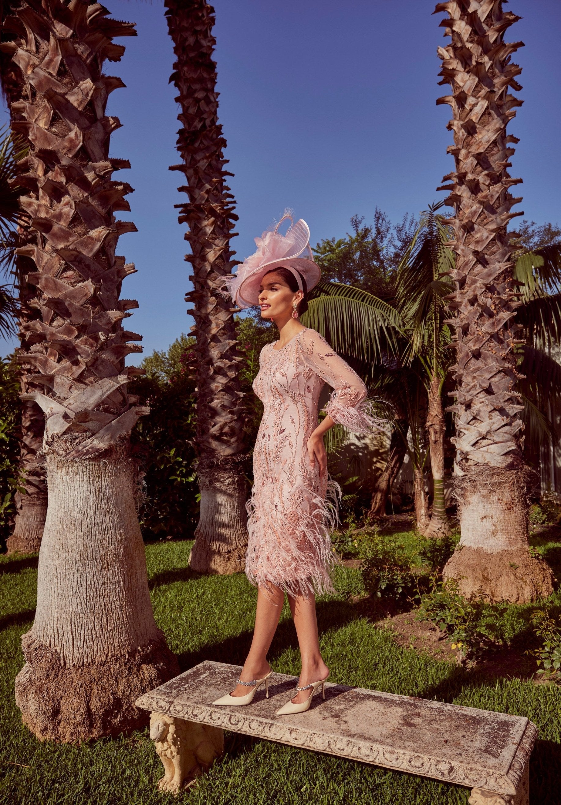 Short Cocktail Dress in Tulle and Jersey with Beads and Feathers