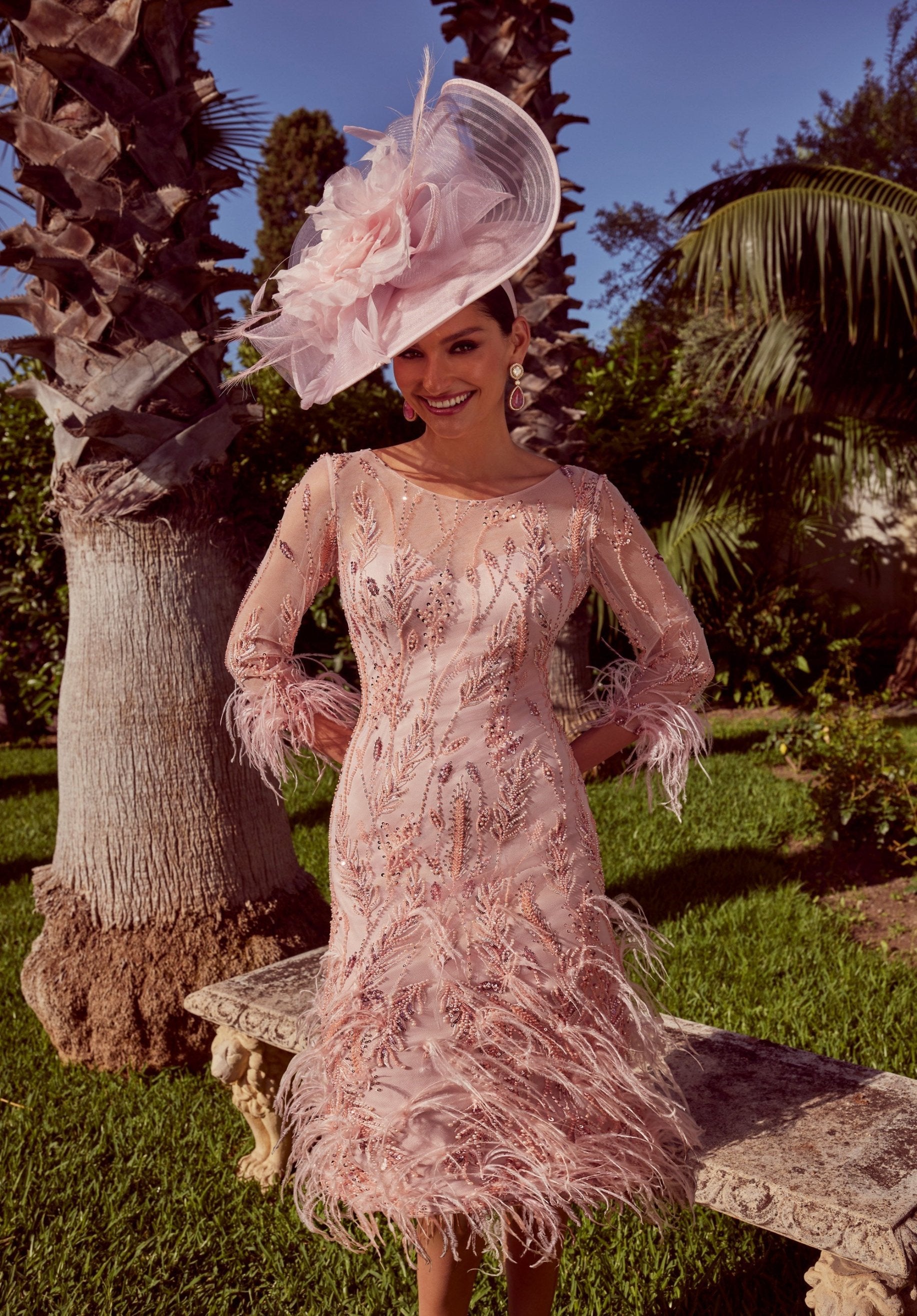 Short Cocktail Dress in Tulle and Jersey with Beads and Feathers