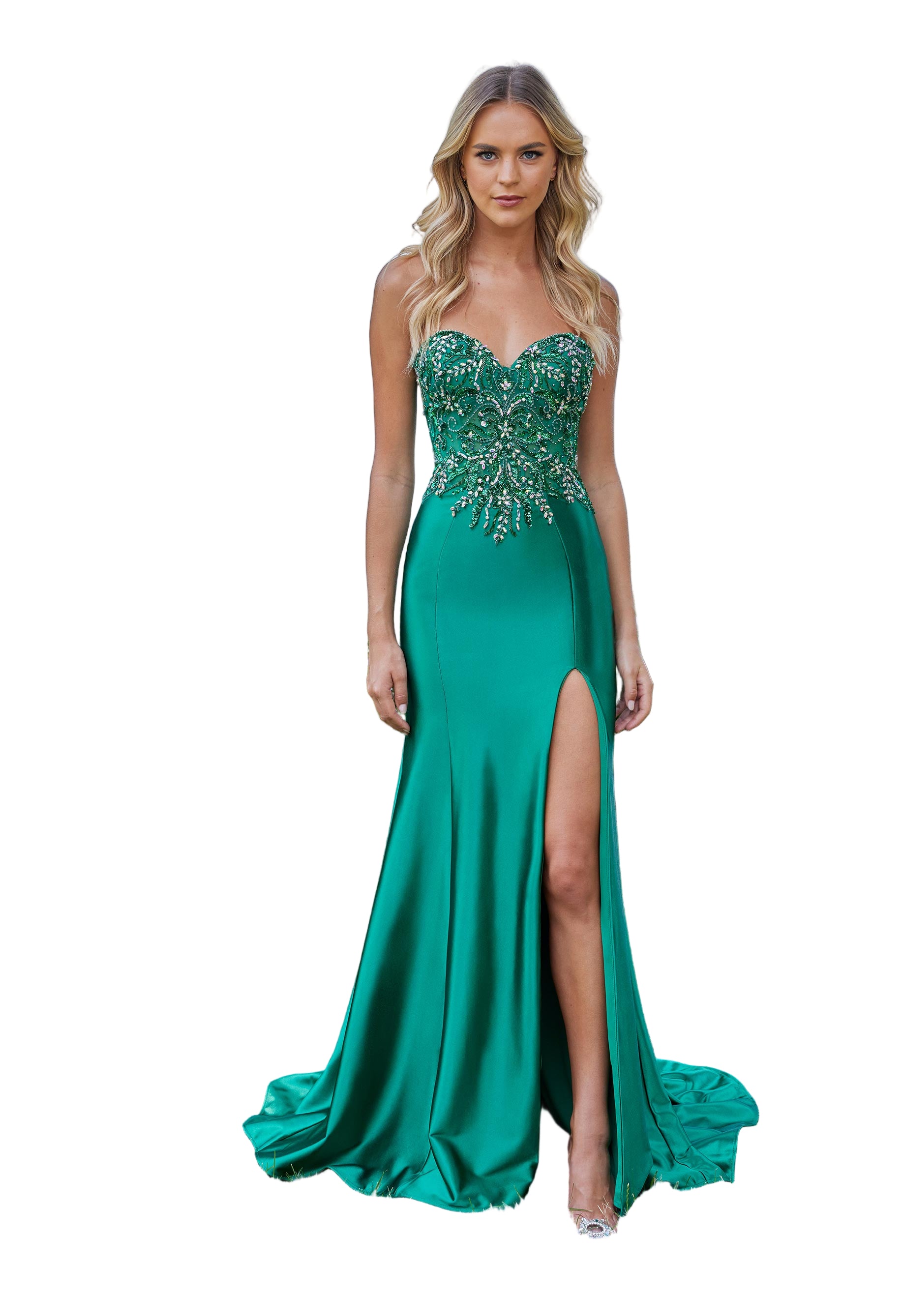 green fitted formal dress Fitted and flared formal dress in shiny jersey decorated