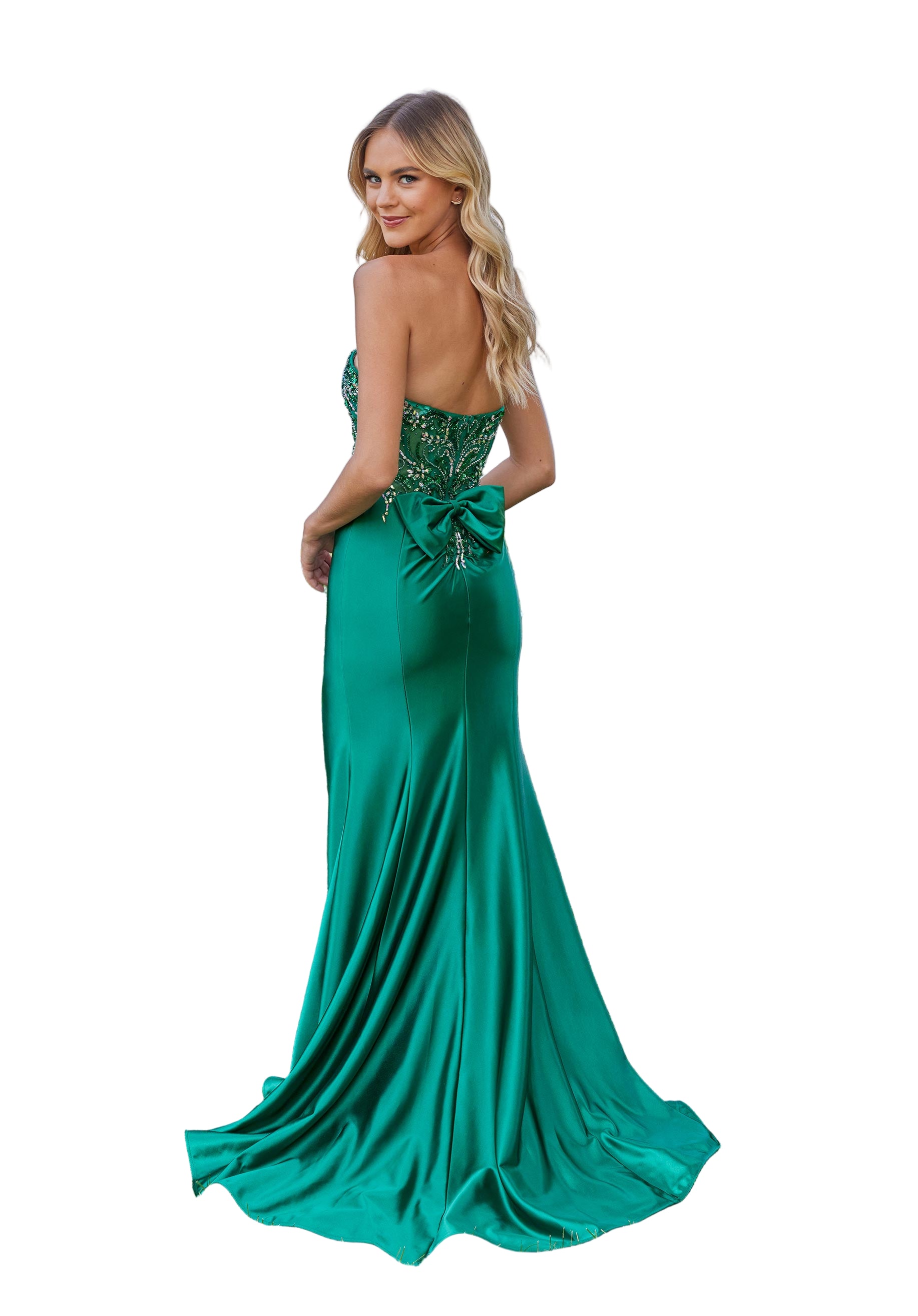 Fitted and flared formal dress in shiny jersey decorated