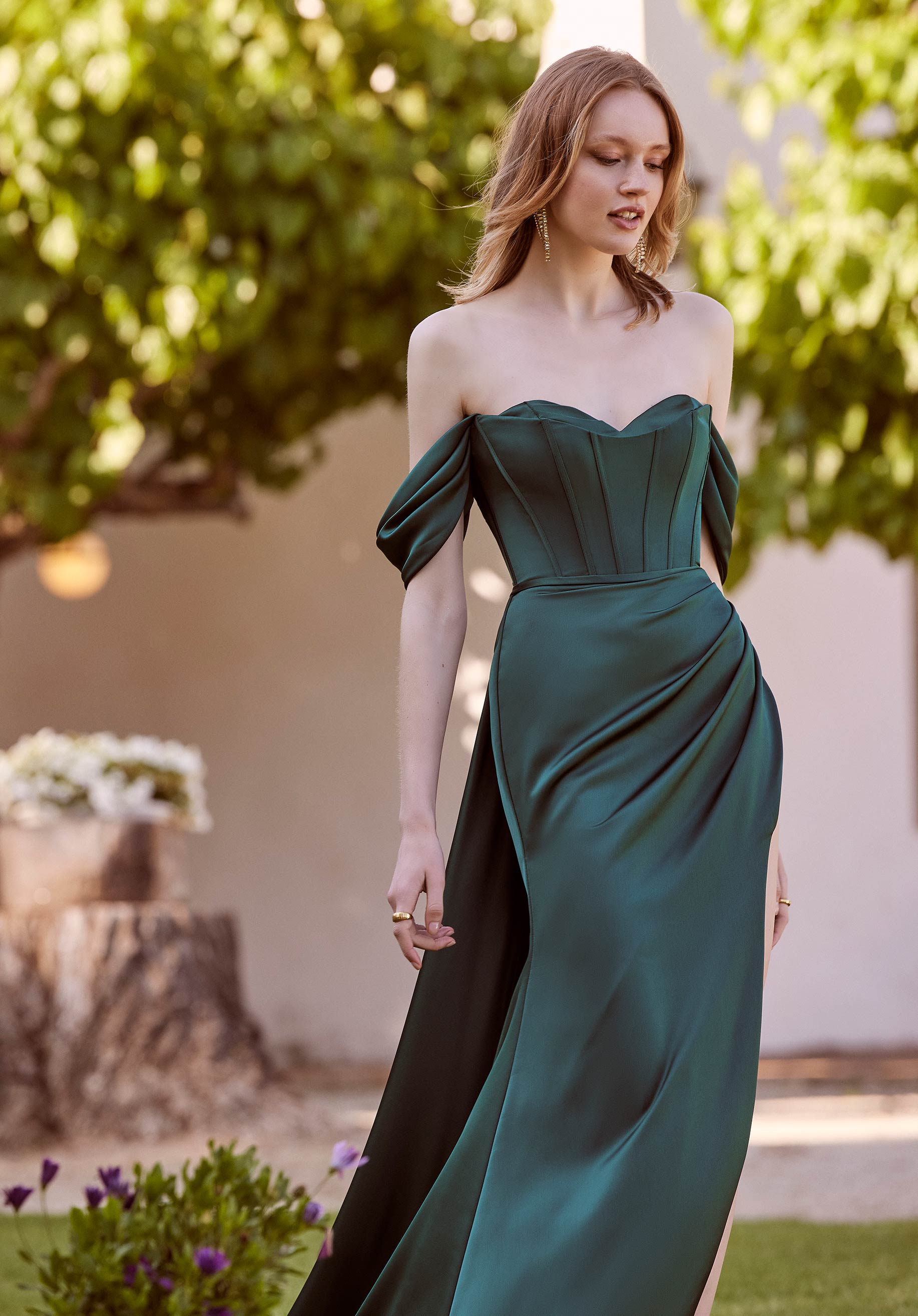 Fit and flare silk satin draped dress with train