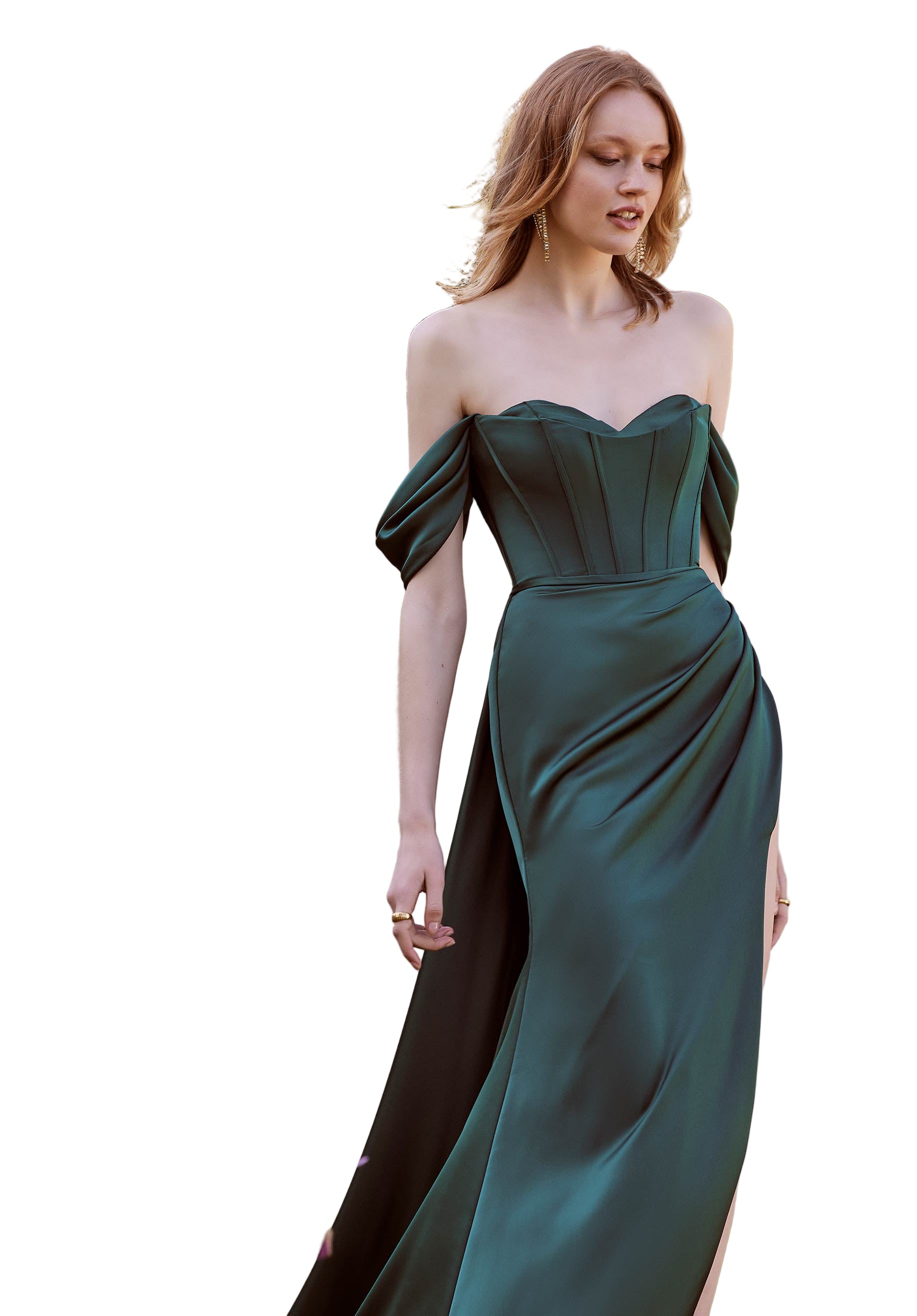 Fit and flare silk satin draped dress with train