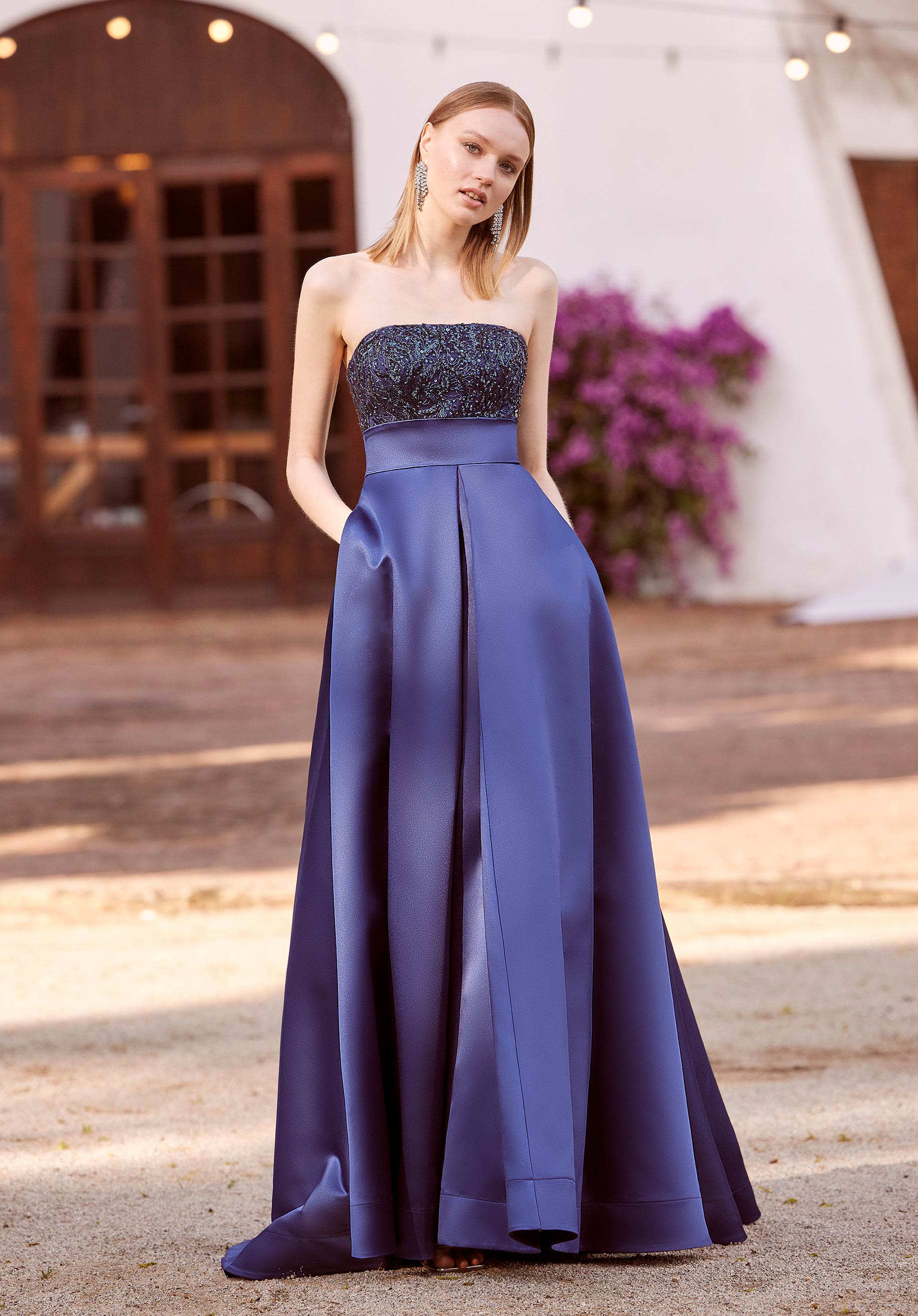 Sequin embroidered satin trapeze dress