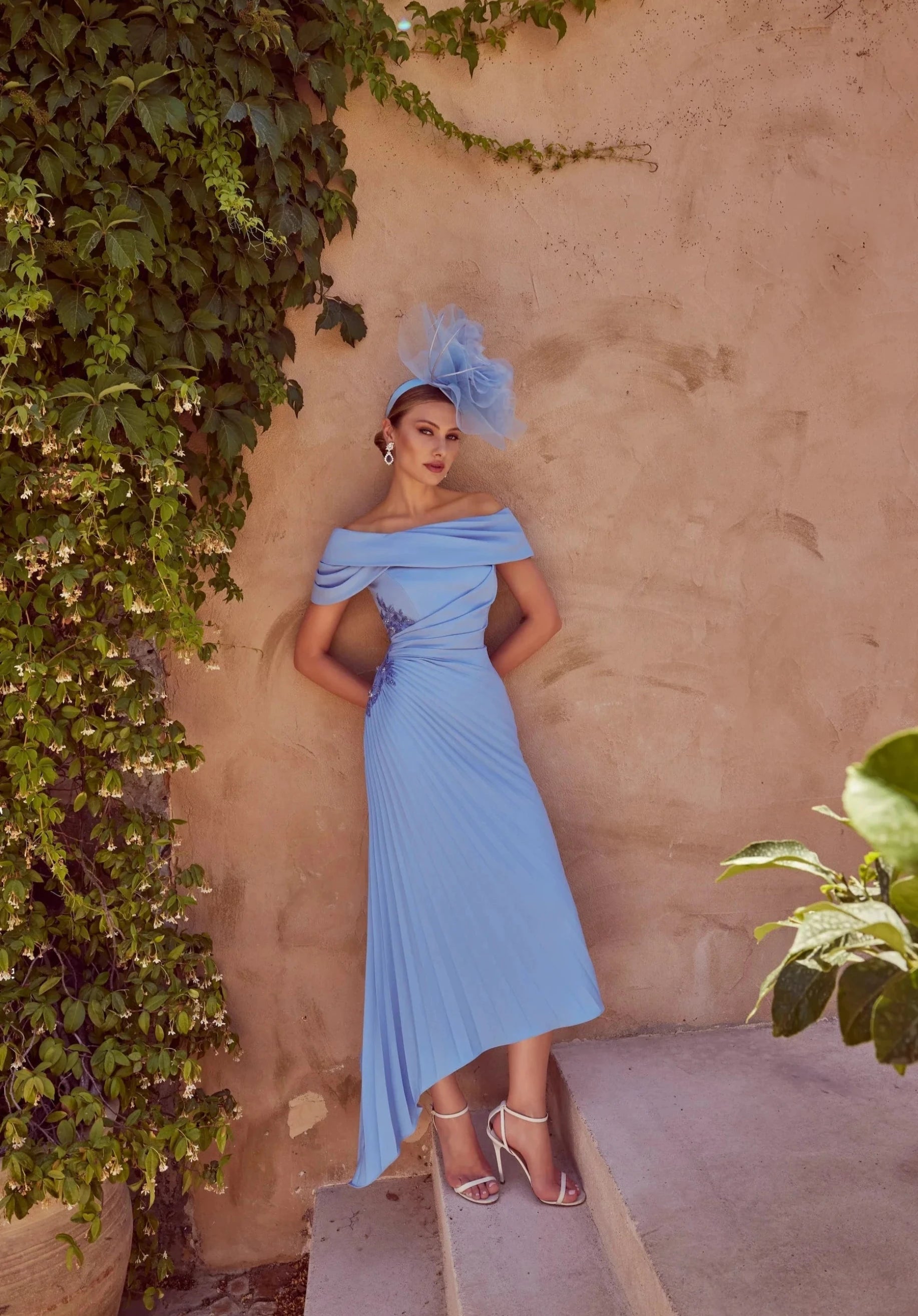 Pleated Crepe Evening Dress with Lace and Beaded Detailing