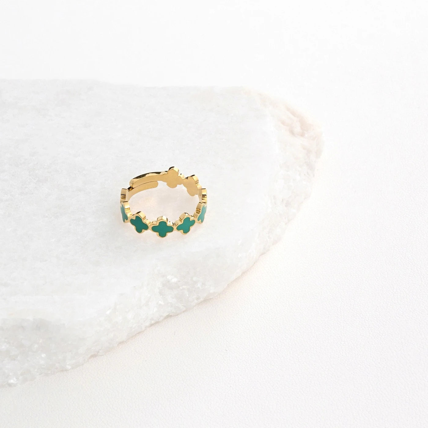Anello regolabile acciaio trifogli verdi