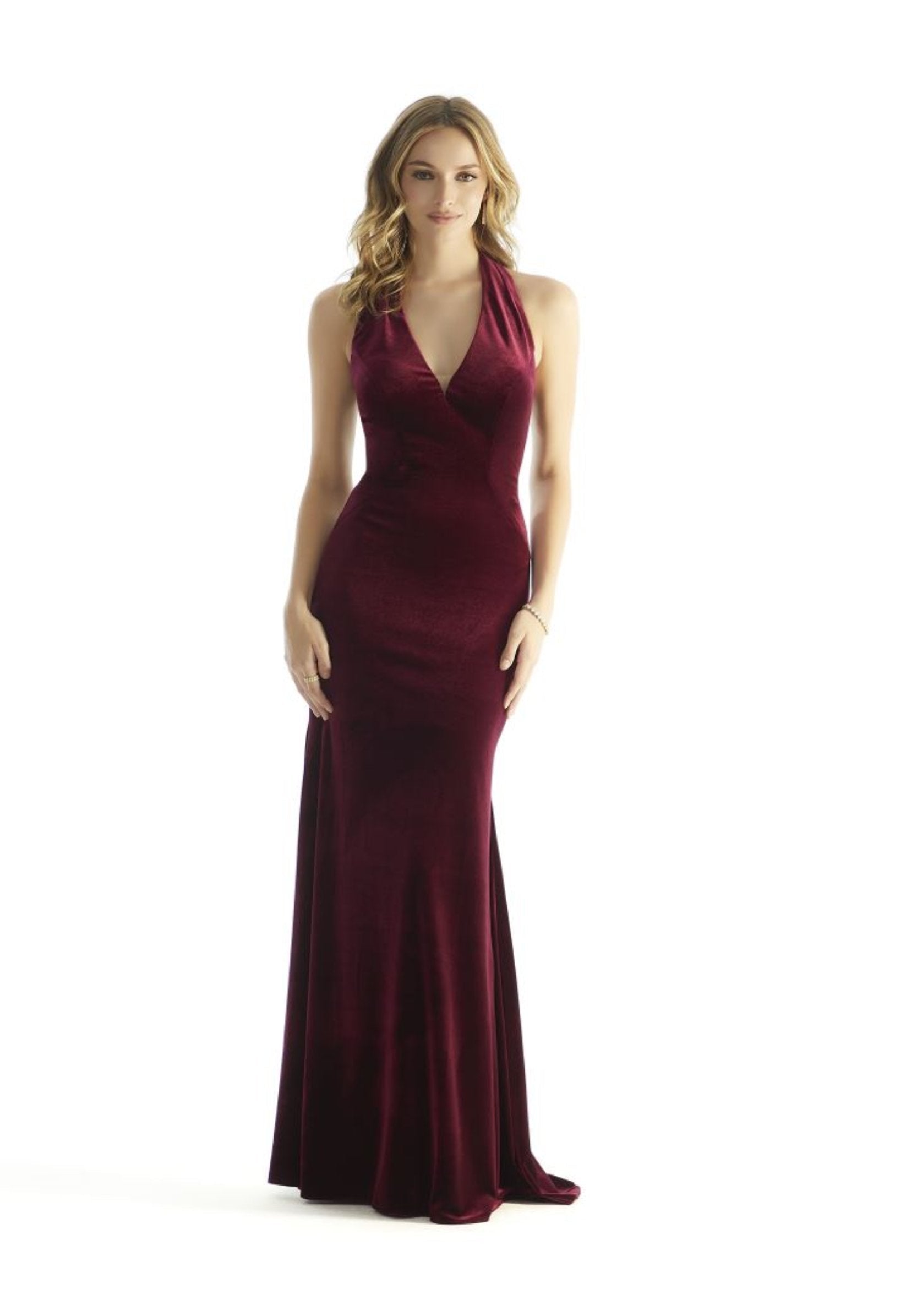 Stretch velvet sheath formal dress with halter neckline