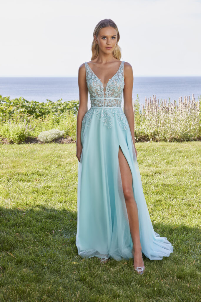 A-line formal dress with embroidered appliques