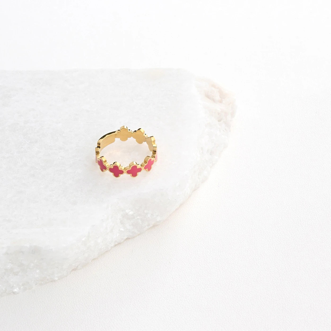 Anello regolabile acciaio trifogli rosa